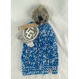 NWT CG Habitats Hat Women OS Snow Bunny Knitted Blue White Beanie Faux Fux Pom